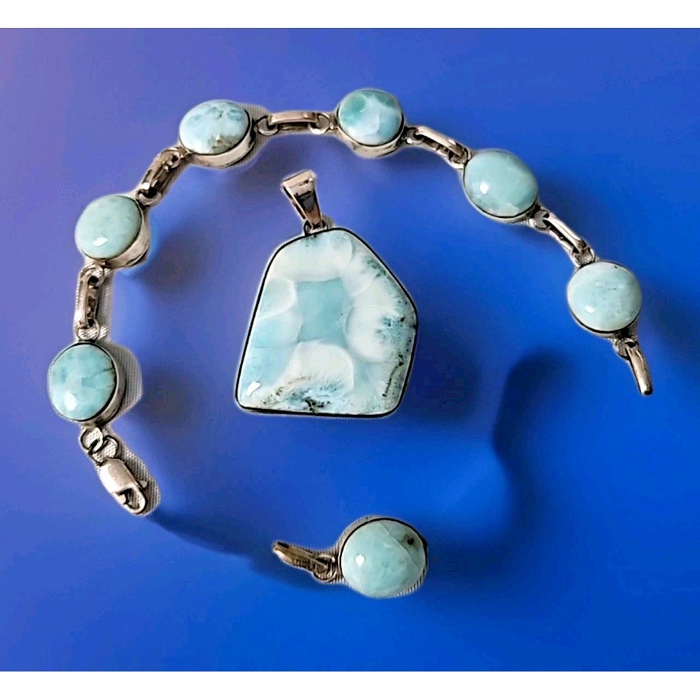 Sterling Silver 925 & Polished Larimar Pendant & Bracelet +‎ Extension 52.8 gram